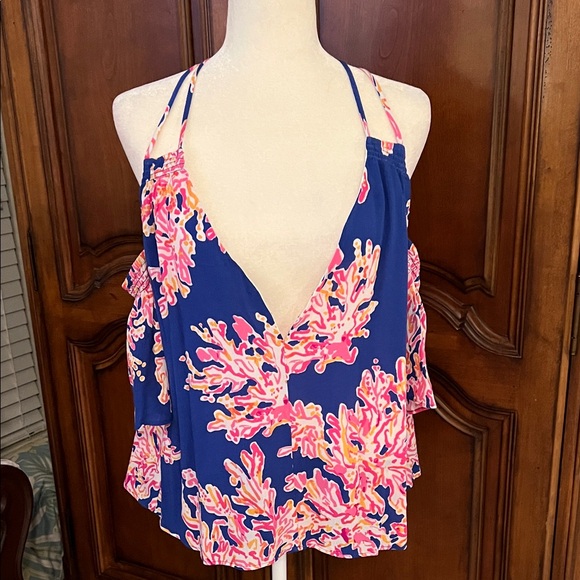 Lilly Pulitzer Bellamie Top in Brilliant Blue and Pink Coral Print, NWT, L - Picture 9 of 14